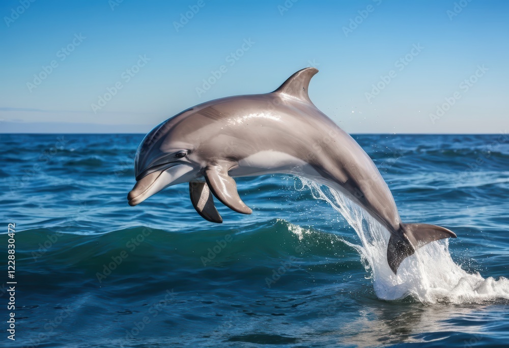 Naklejka premium Majestic Dolphin Leaps Through Ocean Waves: Breathtaking Wildlife Photography
