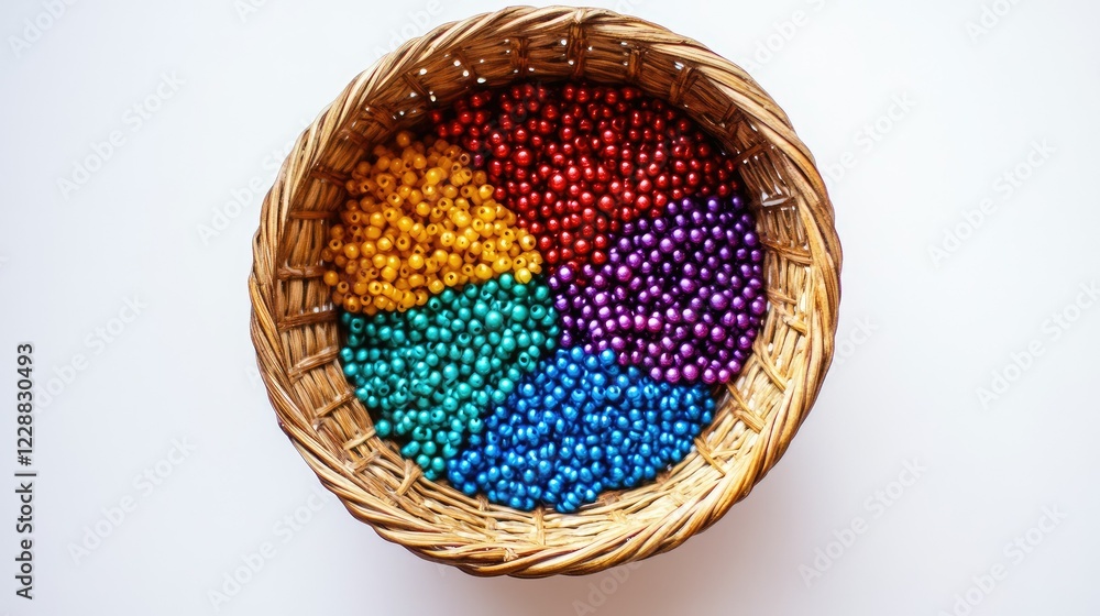 Top view of a woven basket containing vibrant beads sorted by colors, set on a white surface, ideal for crafting themes