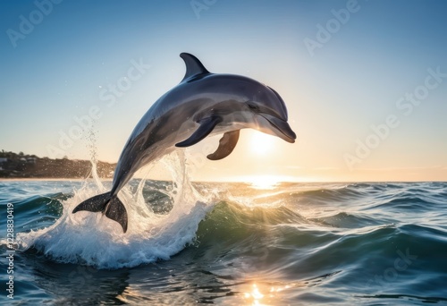 Majestic Dolphin Leaps Through Golden Ocean Sunset: Breathtaking Wildlife Photography photo