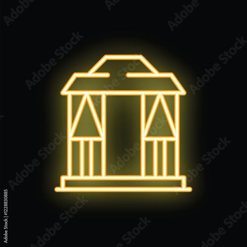 Yellow neon sign of a gazebo shining against a black background