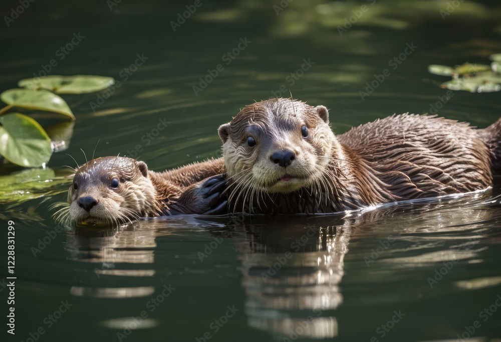 Playful River Otters: A Close-Up Portrait of Two Adorable North American Otters Swimming Together in a Calm, Green River Playful River Otters: A Close-Up Portrait of Two Adorable North American Otters Swimming Together in a Calm, Green River