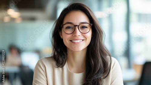 Smiling woman in glasses seated in a modern office, exuding confidence and warmth.