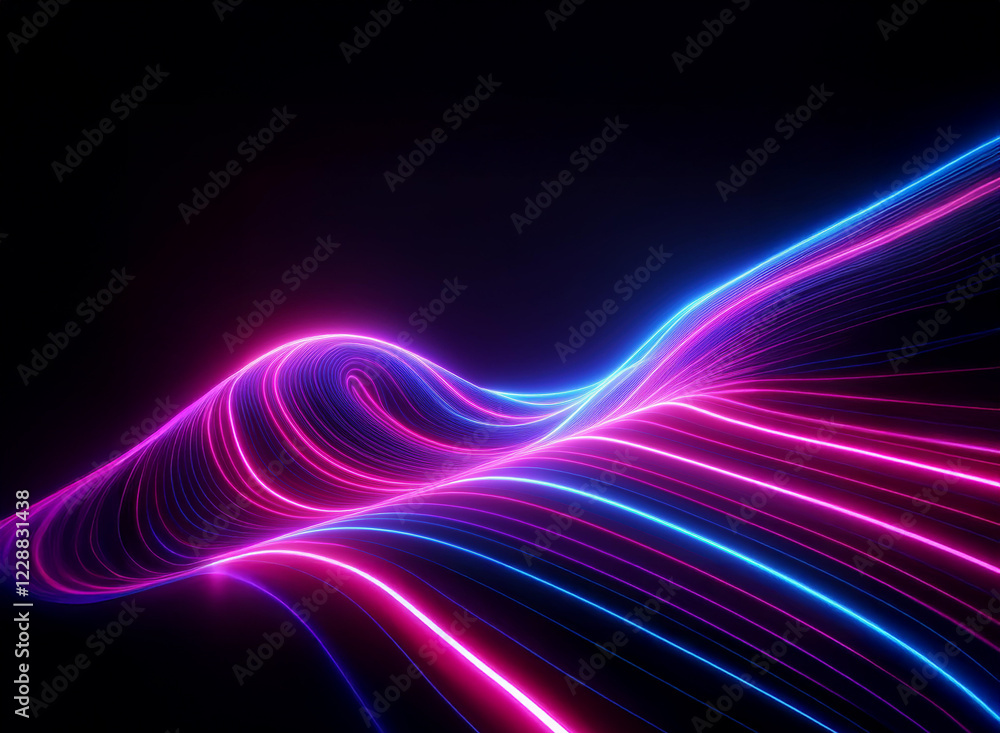 Abstract digital art depicting vibrant pink and blue neon lines forming flowing, wave-like patterns against a dark background. The lines create a sense of depth and movement. Abstract digital art depicting vibrant pink and blue neon lines forming flowing, wave-like patterns against a dark background. The lines create a sense of depth and movement.
