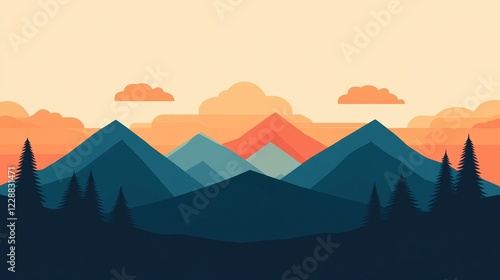 Stylized mountain landscape at sunset with vibrant colors and tranquil atmosphere.