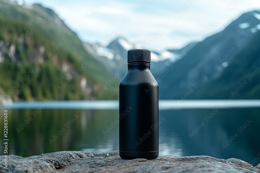 Black bottle on rock by lake, mountains background. Black bottle on rock by lake, mountains background.