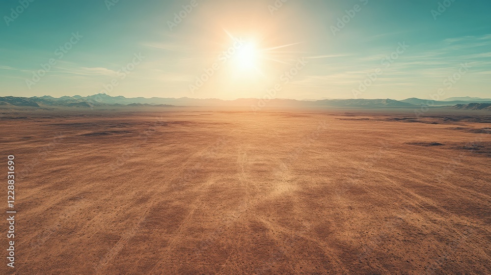Naklejka premium Expansive desert landscape under a bright sun with distant mountains and clear blue sky