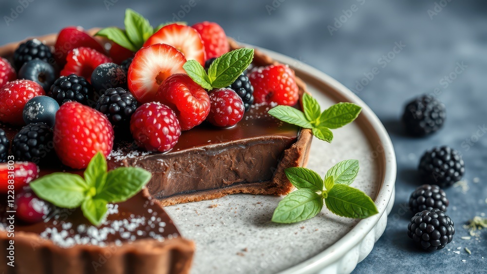 Rich Chocolate Tart with Fresh Berries and Mint on Rustic Plate Rich Chocolate Tart with Fresh Berries and Mint on Rustic Plate