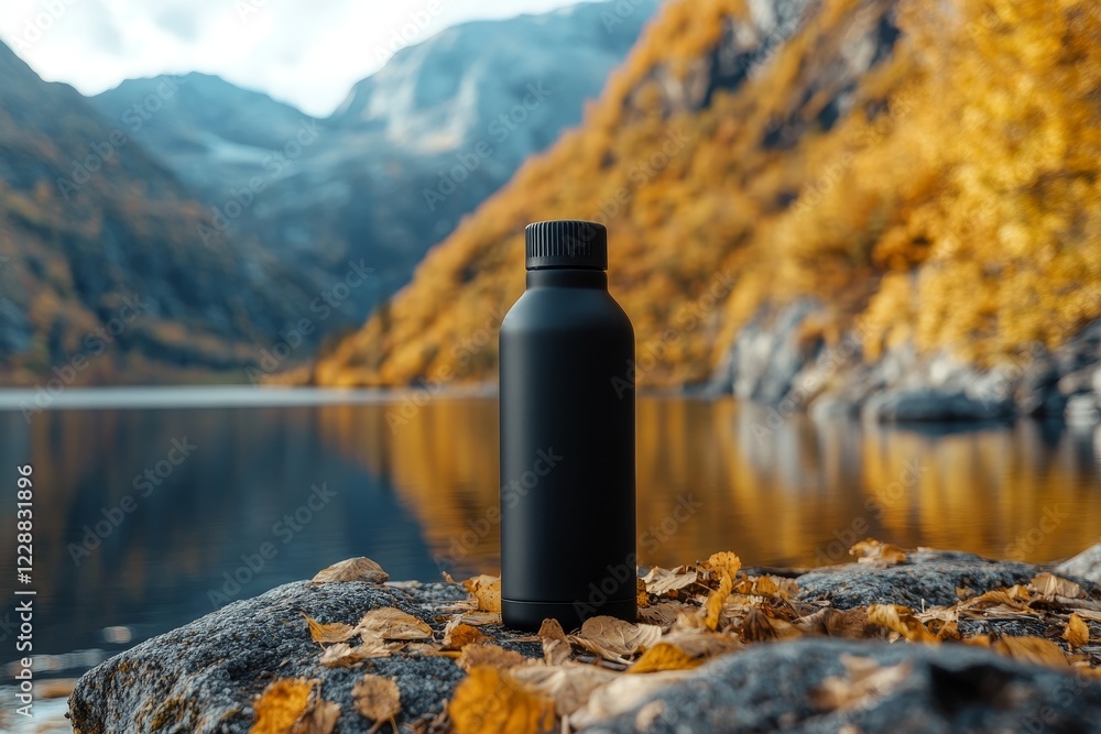 Black water bottle on autumnal rocks by lake. Black water bottle on autumnal rocks by lake.