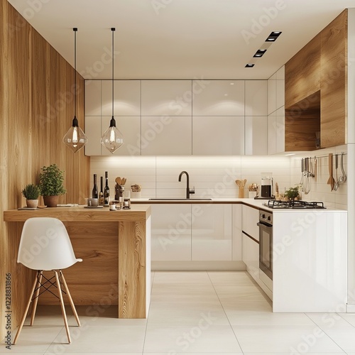 White and wooden home kitchen interior with bar counter, cooking cabinet with stove and kitchenware. Minimalist dining space in luxury apartment. 3D rendering photo