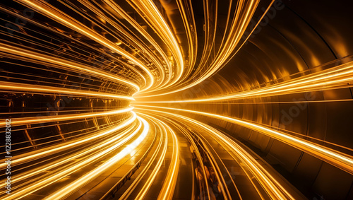 Abstract golden light tunnel with glowing lines