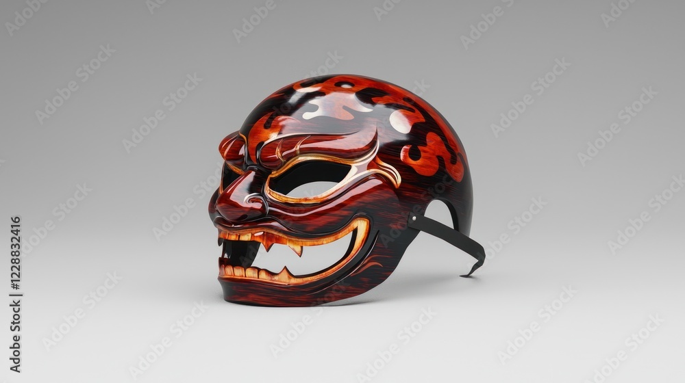 Fototapeta premium Red And Black Japanese Oni Mask With Intricate Details