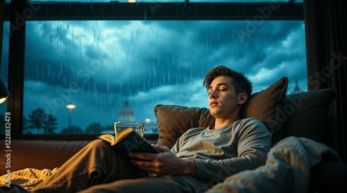 Single awareness day,  intimate scene of a young man relaxing on a couch with a book and a cup of tea, soft blankets