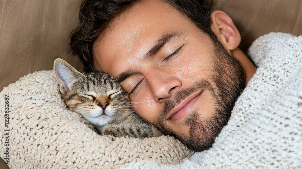 man cuddling small kitten, both looking content and relaxed man cuddling small kitten, both looking content and relaxed