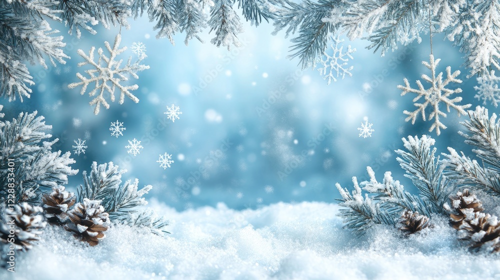 Snowy winter landscape with frosted pine branches, falling snowflakes, and pine cones in serene setting Snowy winter landscape with frosted pine branches, falling snowflakes, and pine cones in serene setting
