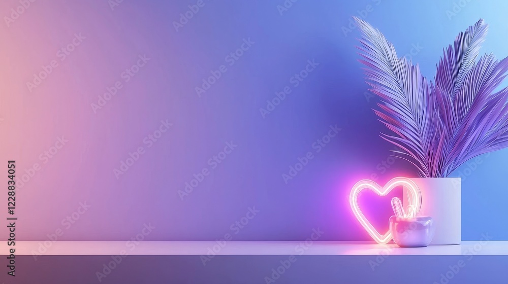 A set of mini neon heart lights glowing in pastel pink and purple, placed on a modern white shelf, soft ambient lighting, minimalist home decor style A set of mini neon heart lights glowing in pastel pink and purple, placed on a modern white shelf, soft ambient lighting, minimalist home decor style