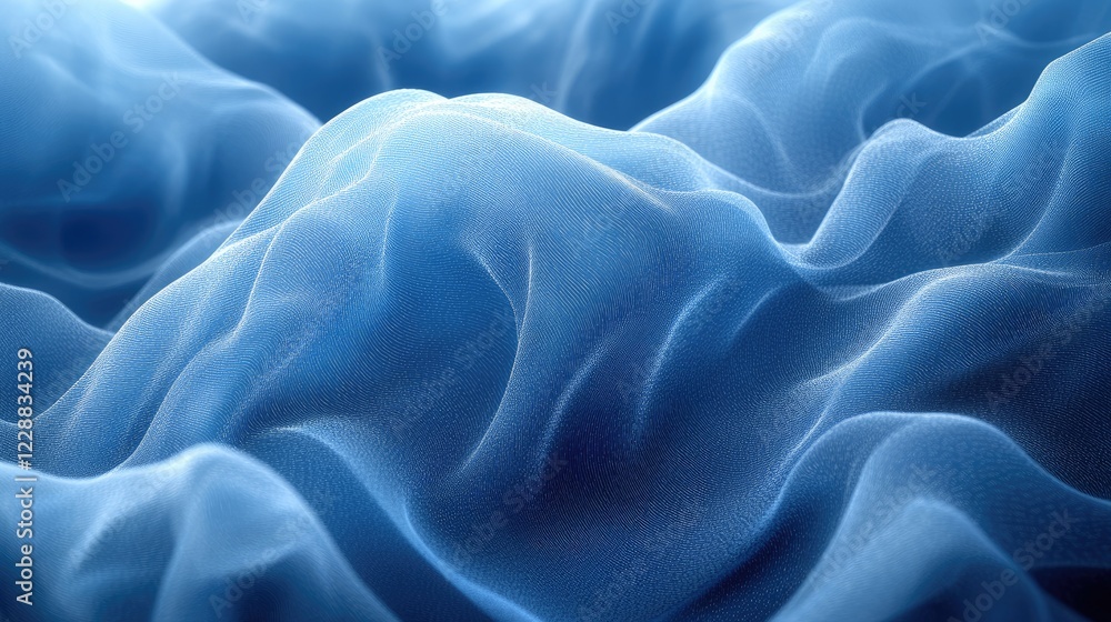 Fototapeta premium Soft, flowing blue fabric creating a serene atmosphere, with delicate waves resembling a tranquil sea