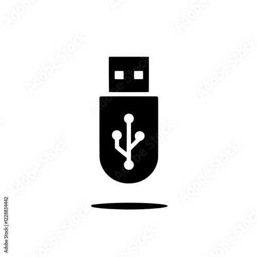 USB Drive Icon: A minimalist black and white icon of a USB drive, isolated on a white background, casting a subtle shadow. This versatile image is ideal for web design, app interfaces.