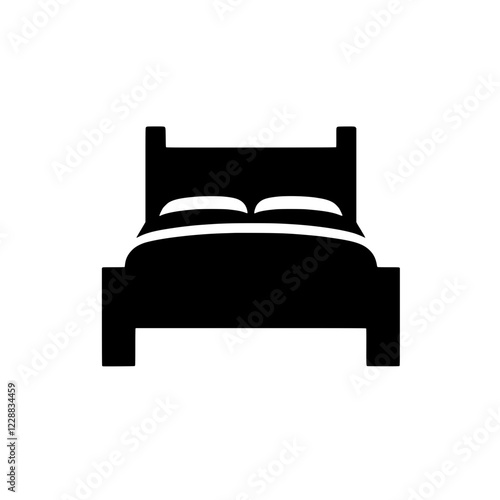 Bed Icon:  A simple yet elegant black silhouette of a double bed with two pillows, perfect for representing comfort, sleep, and hospitality.  