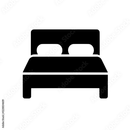 Double Bed Icon: A simple yet elegant black silhouette of a double bed with two pillows, perfect for representing accommodation, rest, sleep, or hotel services.  