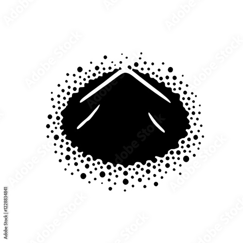 Black Powder Icon: A stylized illustration of a conical pile of black powder, encircled by a scattering of tiny dots, suggestive of grains or explosions, against a clean background.