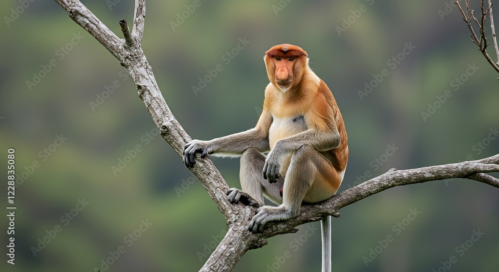 Fototapeta premium Proboscis Monkey Perched on Branch in Natural Habitat