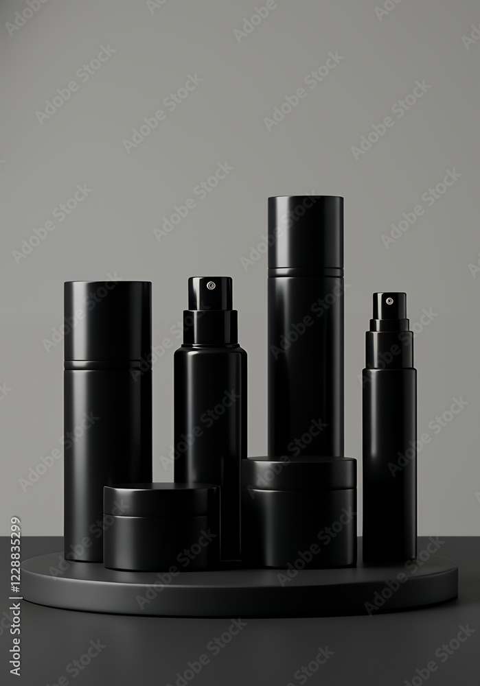 Fototapeta premium Sophisticated Black Cosmetic Bottles and Jars on a Display Stand. Mockup