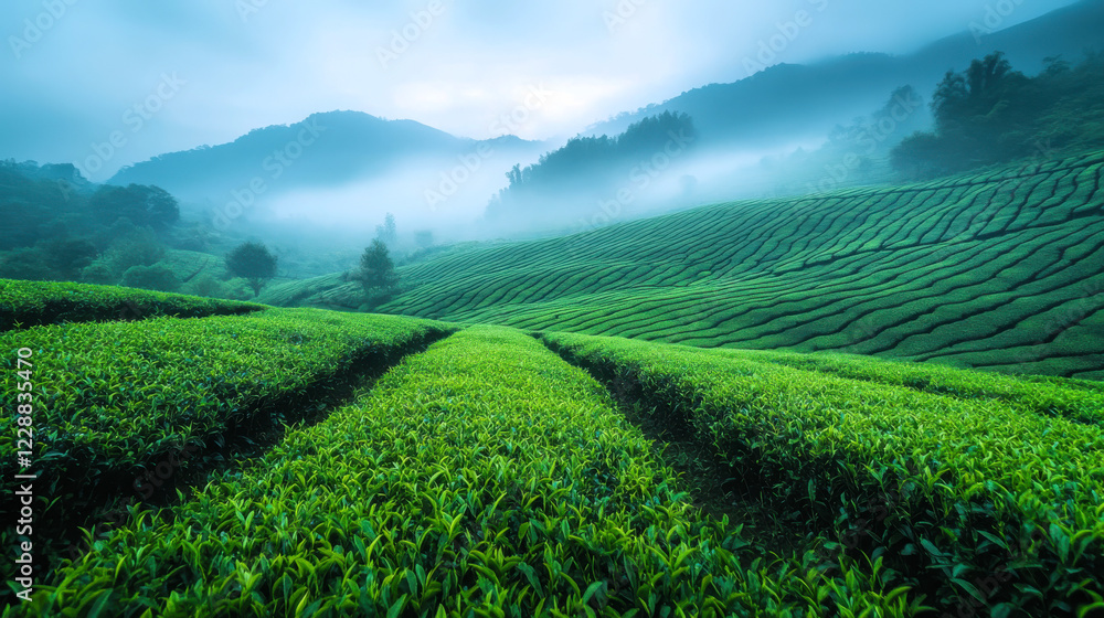 Green tea plantation with rolling hills and misty mountains in the background creating a peaceful and refreshing scenic nature landscape Green tea plantation with rolling hills and misty mountains in the background creating a peaceful and refreshing scenic nature landscape
