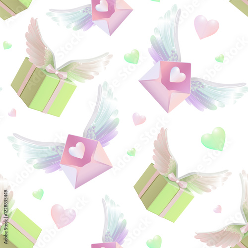 Vintage seamless pattern with pink flowers and birds featuring hearts and botanical elements for a Valentine celebration or wedding gift card design