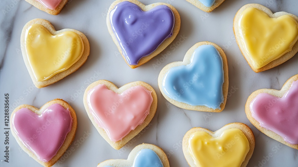 Festive heart-shaped cookies with bright icing, perfect for celebrations, photographed top Festive heart-shaped cookies with bright icing, perfect for celebrations, photographed top