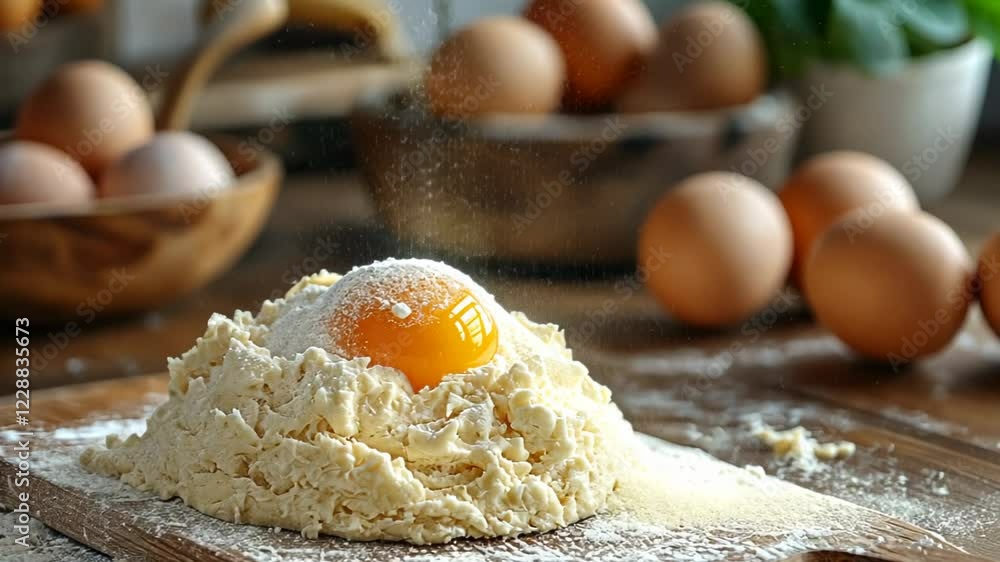 Fresh eggs and flour arranged for baking in a cozy kitchen setting Fresh eggs and flour arranged for baking in a cozy kitchen setting
