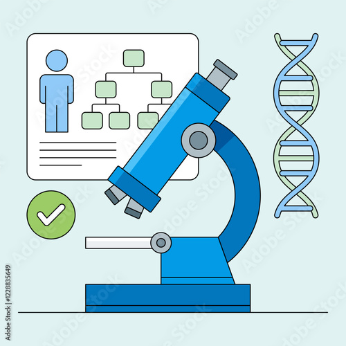 Genetic Research Illustration: A vibrant and modern illustration depicting a microscope, a DNA double helix, a pedigree chart, and a checkmark symbol.