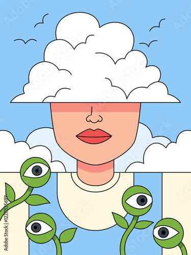 Cloud Mind: Surreal illustration of a woman's face partially obscured by a fluffy cloud, with whimsical green eyes sprouting from plants below, symbolizing dreams, imagination, or hidden thoughts. 