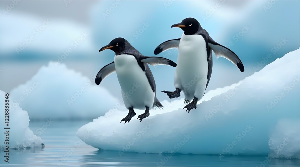 Naklejka premium Two Adorable Emperor Penguins Leap from Iceberg in Stunning Antarctic Landscape Photography - Wildlife Nature Image