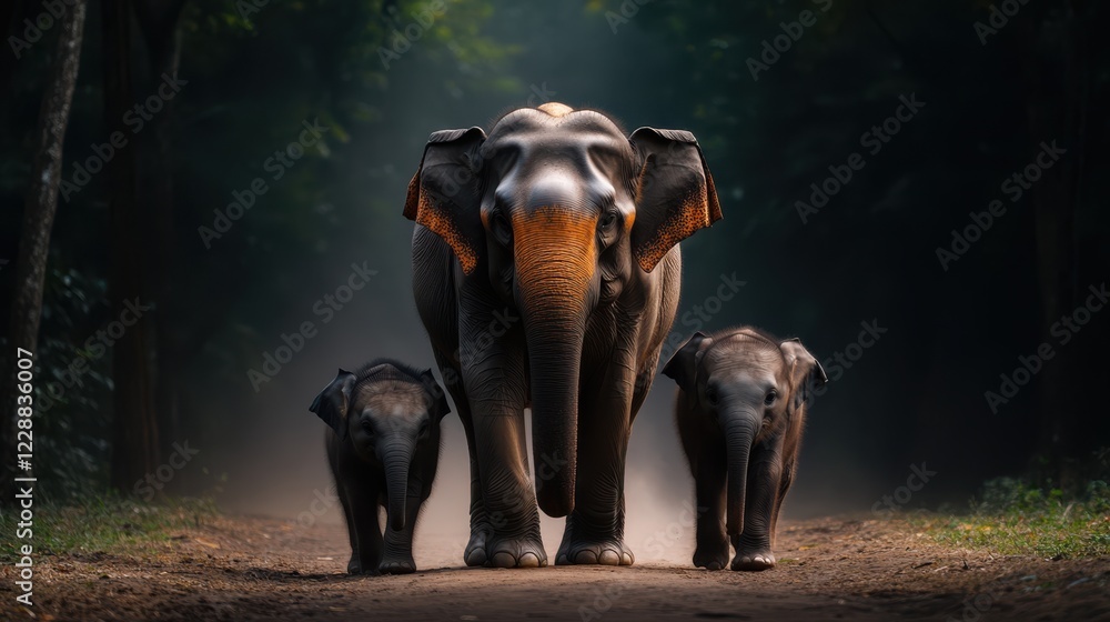 Fototapeta premium A majestic elephant leads a family along a dusty trail, enveloped in dappled sunlight, depicting strength, unity, and the serene beauty of wildlife.