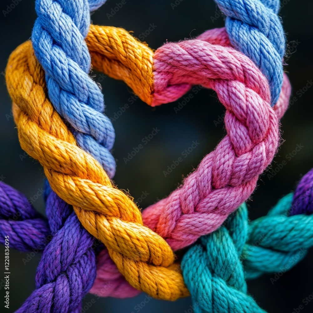 Unity and love partnership as ropes shaped as a heart in a group of diverse strings connected together shaped as a support symbol expressing the feeling of teamwork and togetherness. Unity and love partnership as ropes shaped as a heart in a group of diverse strings connected together shaped as a support symbol expressing the feeling of teamwork and togetherness.