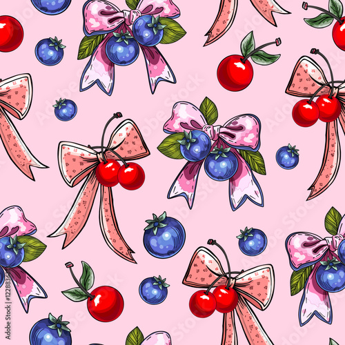 Seamless Pattern with Bows, Blueberries, and Cherries. Pink Ribbons and Fruit Accents on Striped Background. Whimsical Blueberry and Cherry Bow Design