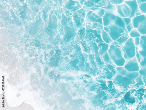 Crystal clear turquoise water with gentle waves and foam, creating serene and refreshing atmosphere. Perfect for relaxation and summer vibes
