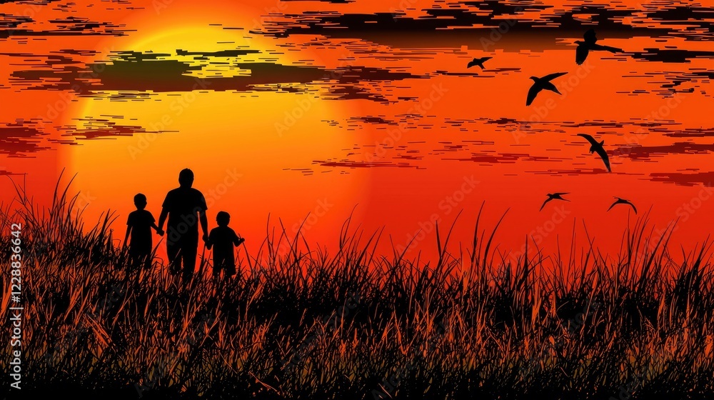 Fototapeta premium Family sunset silhouette, grassland, birds flying, peaceful evening