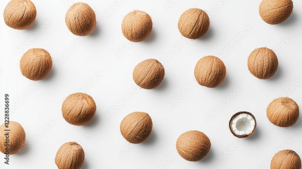 A group of coconuts arranged on a white background, each showing its natural texture and purity for advertising. A group of coconuts arranged on a white background, each showing its natural texture and purity for advertising.