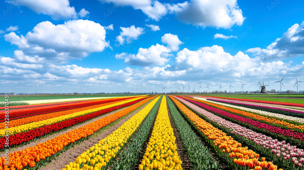 Expansive tulip field with colorful rows of blooming flowers under a bright blue sky creating a stunning floral spring landscape Expansive tulip field with colorful rows of blooming flowers under a bright blue sky creating a stunning floral spring landscape