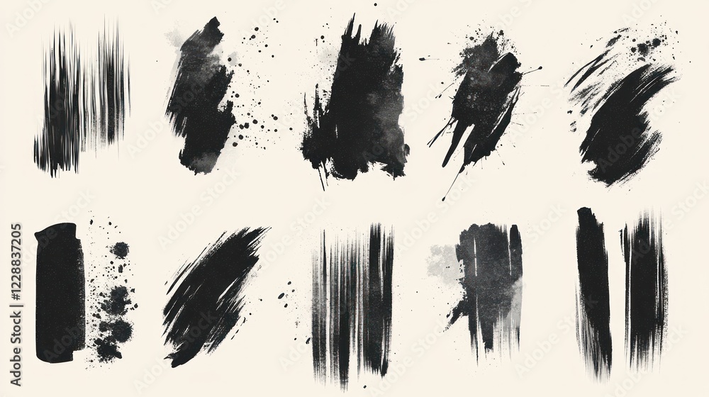 Collection of black ink brush strokes and splatters on beige background. Collection of black ink brush strokes and splatters on beige background.