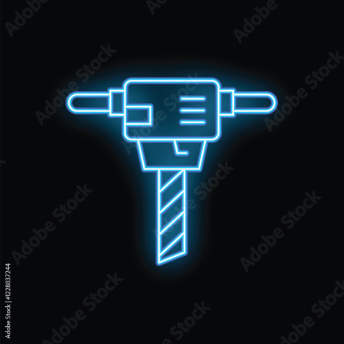 Blue glowing neon line electric rotary hammer drill icon isolated on black background. Jackhammer tool