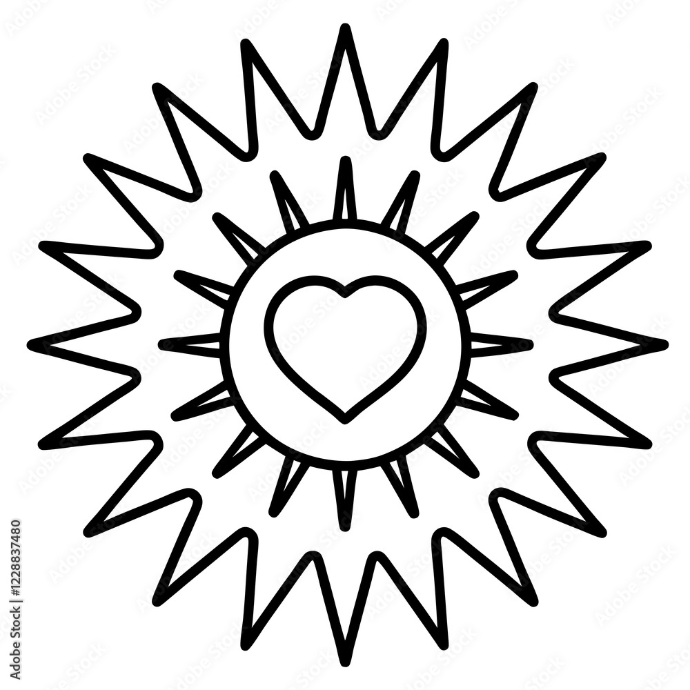 Heart-Shaped Sun Center Line Art Heart-Shaped Sun Center Line Art