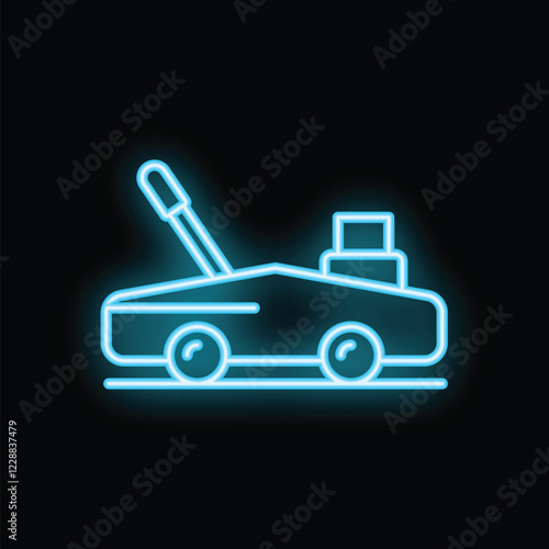 Glowing blue neon icon of a modern floor polisher cleaning and buffing on a black background