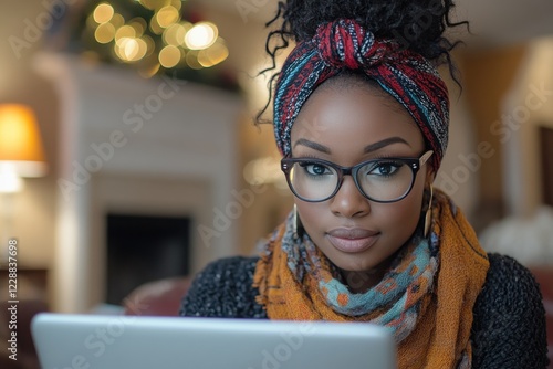 African American person: woman analyzing a report while typing on her laptop in her living room. photo