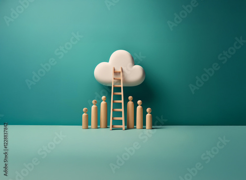 Wooden figures stand before a ladder leading to a cloud, symbolizing ambition, opportunity, and the pursuit of goals.  It suggests reaching for something beyond the ordinary. photo