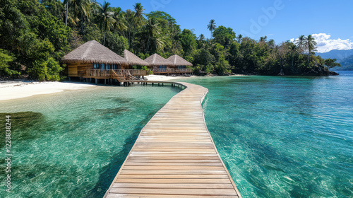 tropical wooden walkway leads to stunning overwater bungalows surrounded by clear water