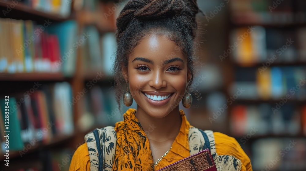 African American person: woman smiling while holding a book and walking through a library. African American person: woman smiling while holding a book and walking through a library.