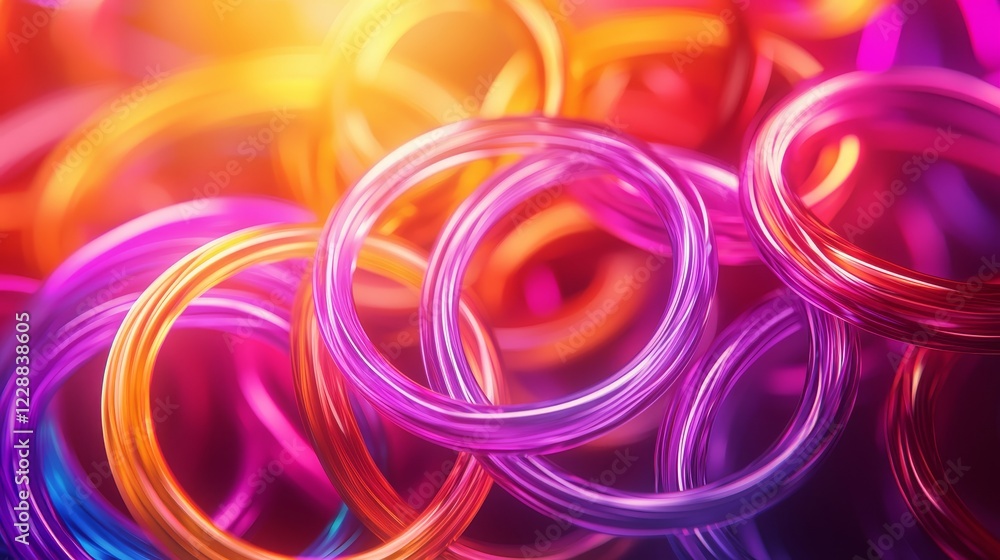 Close up of glowing accessories, neon bracelets in various colors arranged artistically, soft purple and orange lighting, minimalist design Close up of glowing accessories, neon bracelets in various colors arranged artistically, soft purple and orange lighting, minimalist design