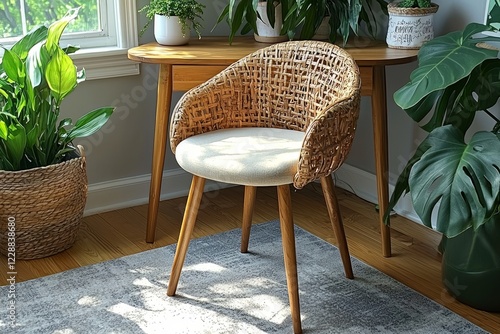 Woven Rattan Chair with Light Cushion in Sunlit Room photo